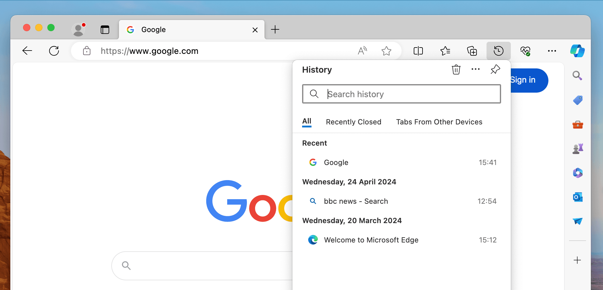 Pop-Up History Window in Google Chrome web browser with list of previously visited sites by date