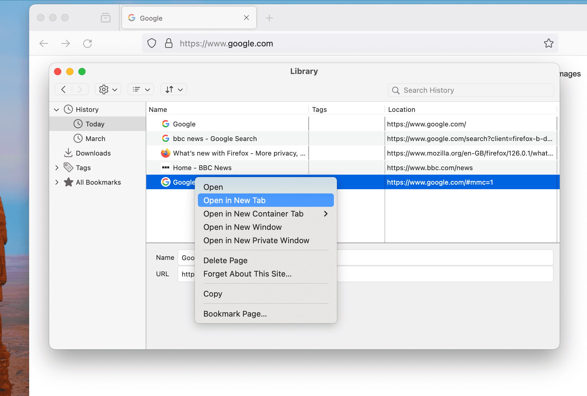 Pop-up window showing browser history in Mozilla Firefox with Menu to select how to Restore Tabs