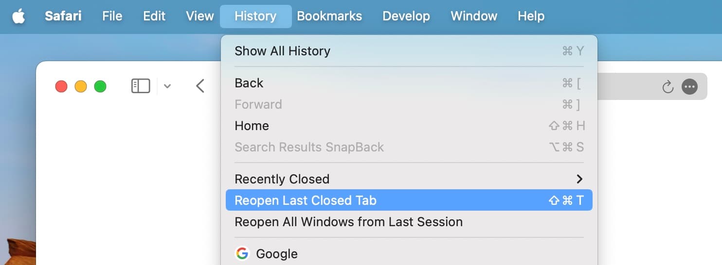 Safari web browser History Menu