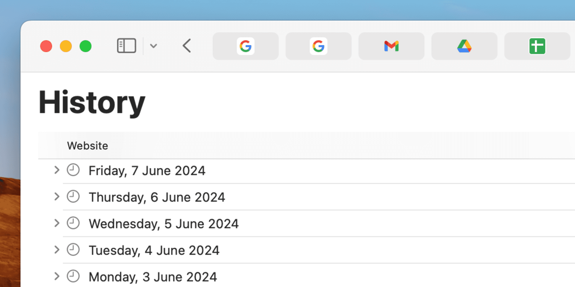 Safari web browser History listed by date