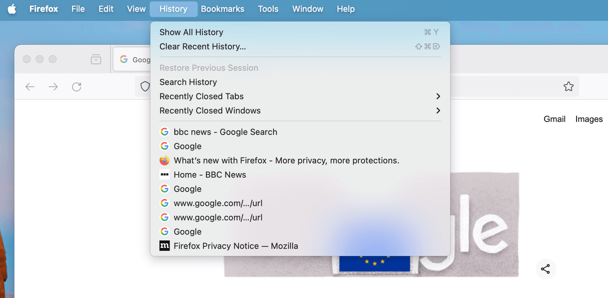 History Menu in Mozilla Firefox web browser