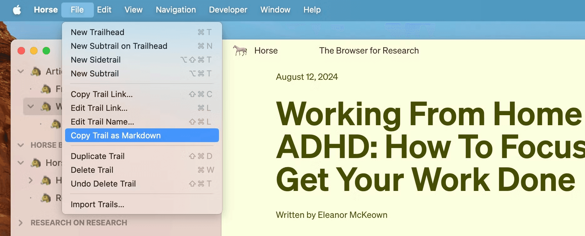 Horse Browser’s Markdown export feature