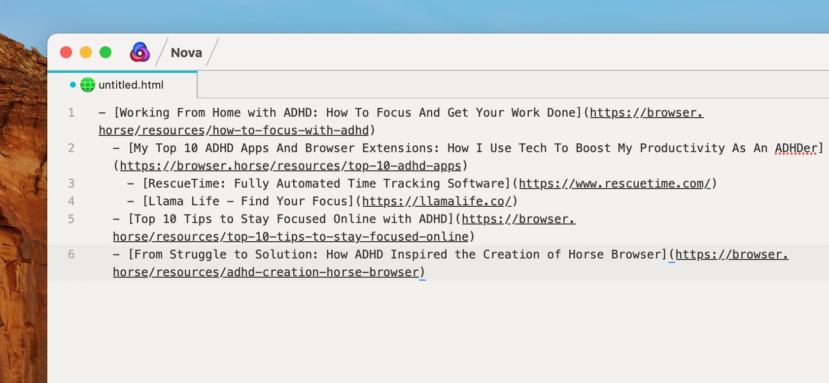 Horse Browser Trails in a Markdown editor