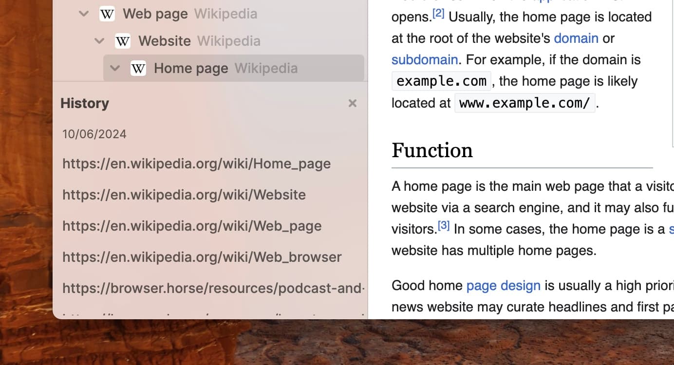 History list of sites visited in Horse Browser